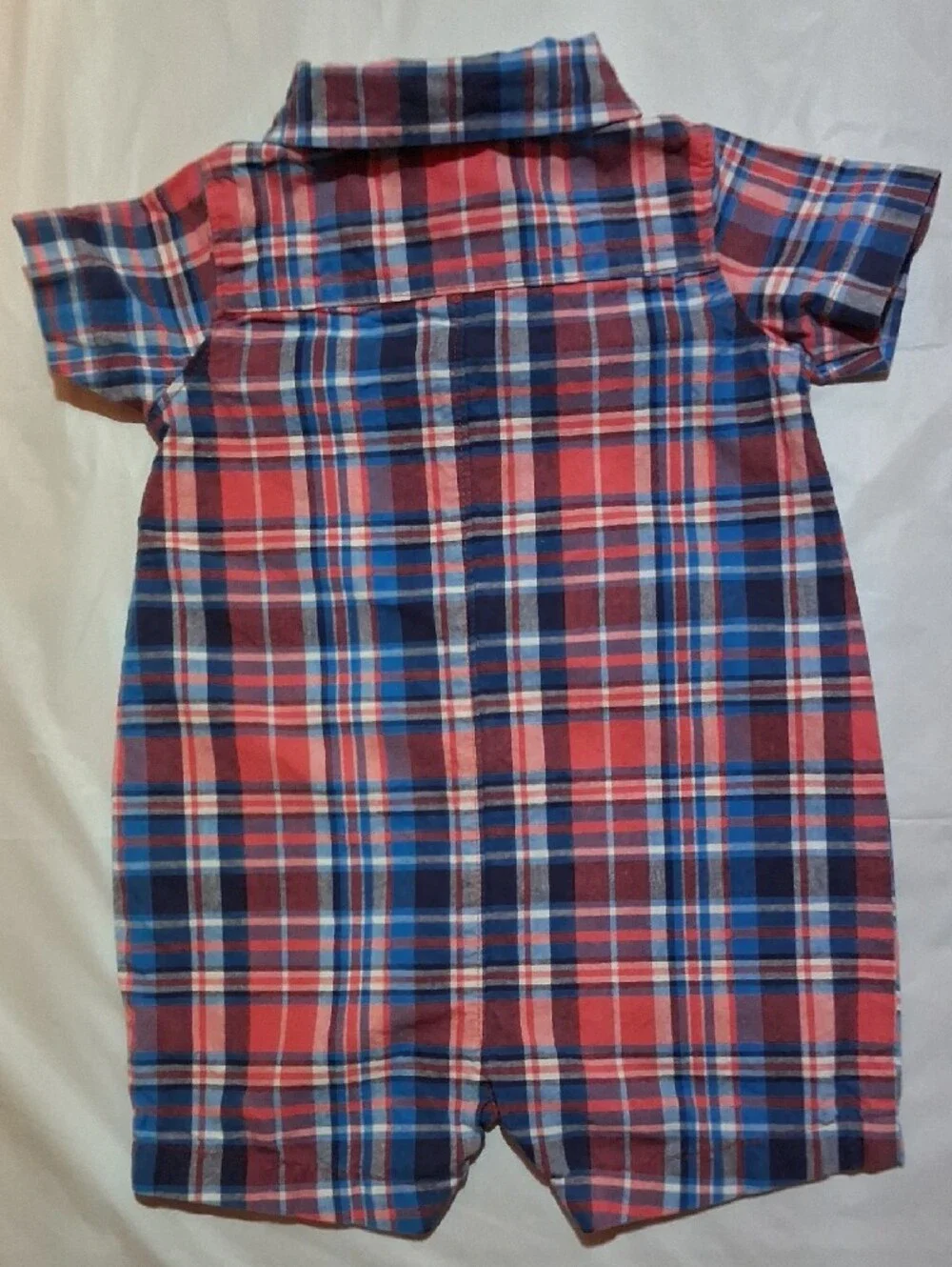 ✨Carter's Baby Boy Plaid Romper 6M Red Blue Short Sleeve Button-Front One-Piece✨